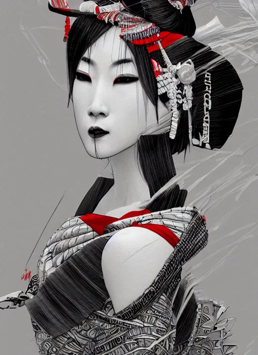 Prompt: maiko in a world of nighmare, fluent composition, red white and black, concept art, ambient light, 4 k, intricate details, highly professionally detailed, cgsociety, highly detailed -