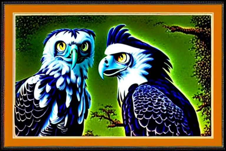 Image similar to harpy eagle framed photo, carl barks, pointillism, high saturation