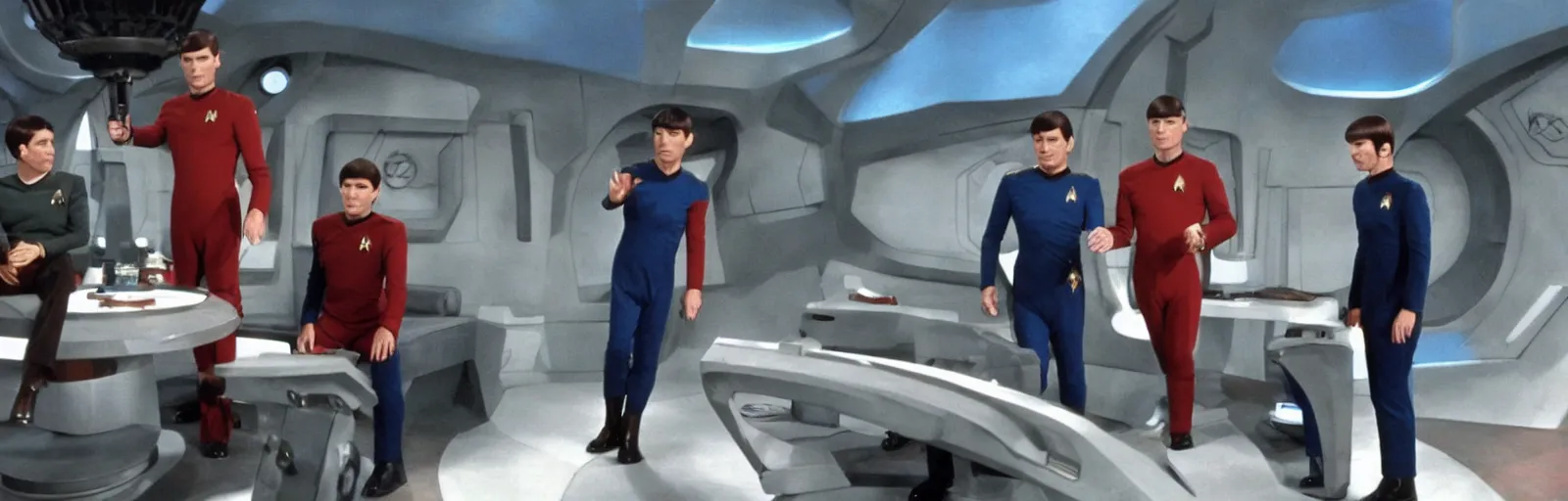 Image similar to a screencap of captain kirk, mr. spock and doctor mccoy on the bridge of the enteprise, in star trek the original series