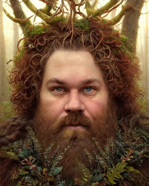 Prompt: patrick rothfuss as a forest druid with ram horns and leaves in his beard | highly detailed | very intricate | symmetrical | cinematic lighting | award - winning | closeup portrait | painted by donato giancola and mandy jurgens and magali villenueve | featured on artstation, promotional still