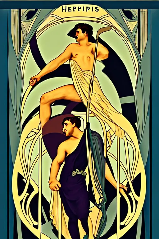 Image similar to art nouveau poster. hephaestus at the forge