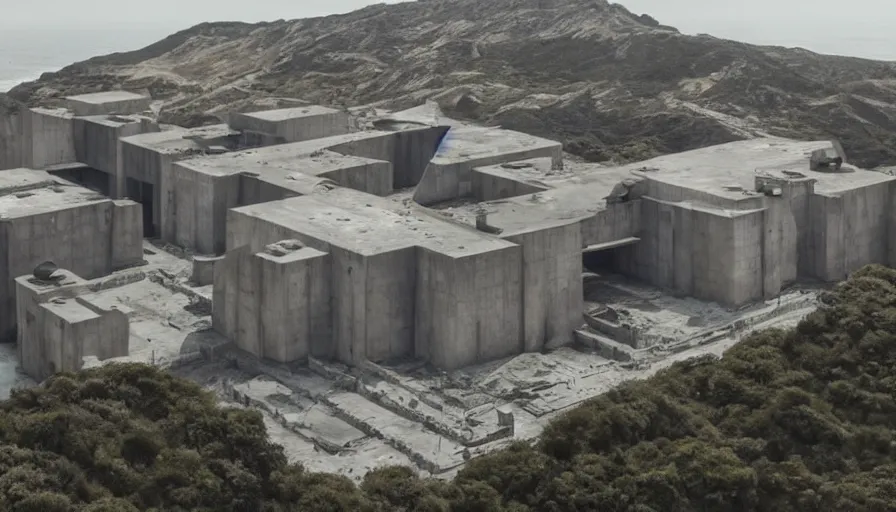 Image similar to big brutalist imperial military base on cliffs, drawing architecture, imperial architecture in rogue one, pritzker architecture prize, brutalism architecture, cinematic shot, by greig fraser, by emmanuel lubezki, robert richardson, hoyte van hoytema, roger deankins