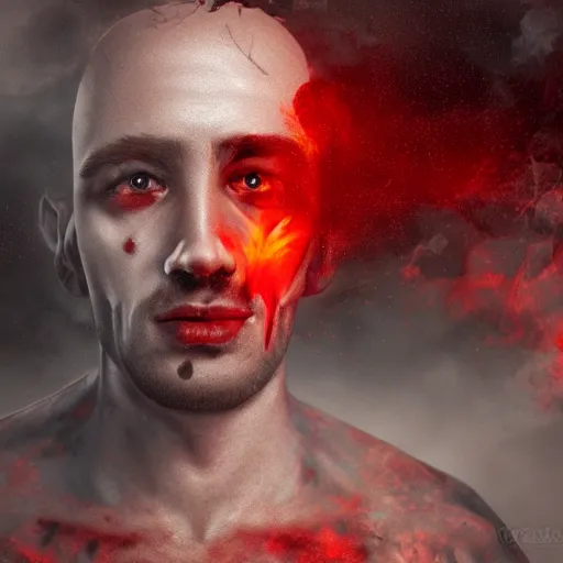 Image similar to realistic extremely detailed photo style portrait painting of a demon with smoke for a head and red burning eyes, rich moody colors, octane render, 4k