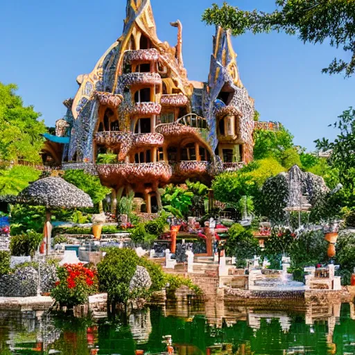 Image similar to valley village on the lake, waterfalls, flowers and intricate detailed visionary architecture and gardens by antoni gaudi, john stephens, alex gray