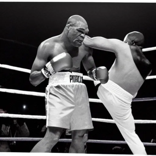 Image similar to polaroid of obama knocking out mike tyson in boxing match