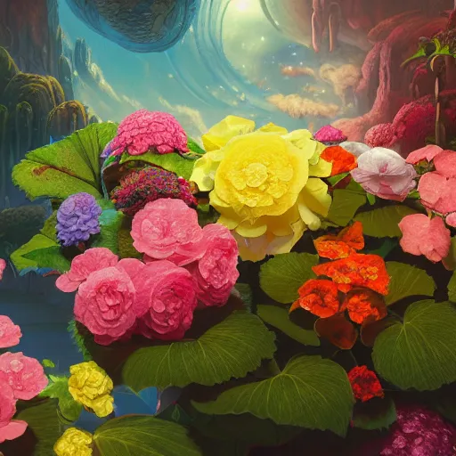 Prompt: begonias, impatiens, in space, earth background, vibrant colors, jesper ejsing, james jean, justin gerard, tomasz alen kopera, cgsociety, fenghua zhong, makoto shinkai, octane render, highly detailed, rim light, art, cinematic lighting, very coherent, hyper realism, high detail, 8 k