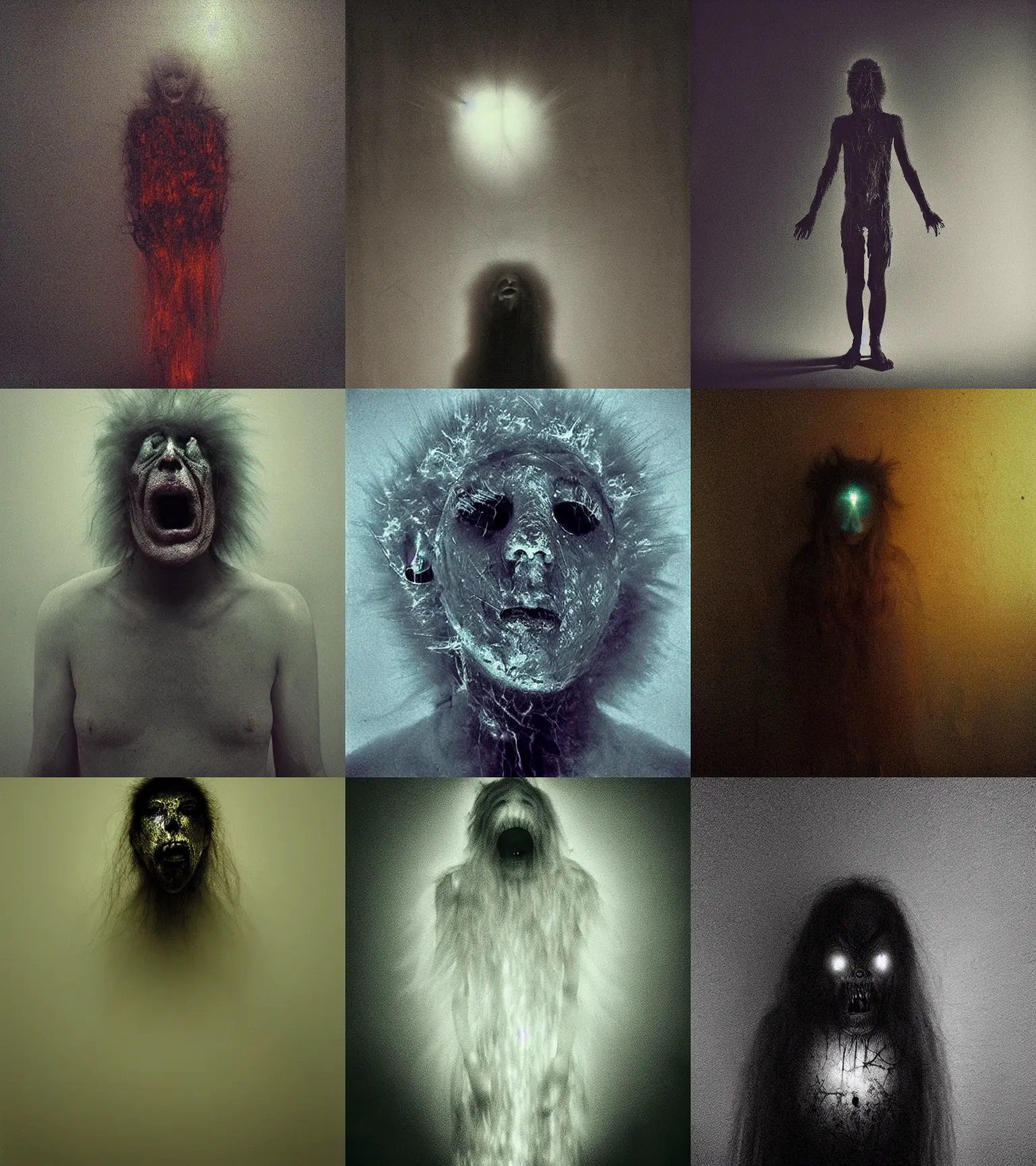 Prompt: idiotic creature. faceless metallic fluffy translucent spiritual shadowy entity guy face thing. screaming anguish, medical, eerie, bad, selfie, zdislaw beksinski, spirit photography, glowing eyes