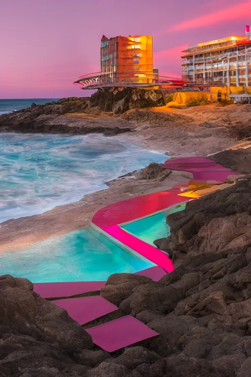 Image similar to buliding design by ricardo bofil, function is airport ， red and yellow and pink ， dusk seaside ， photography ， 8 k