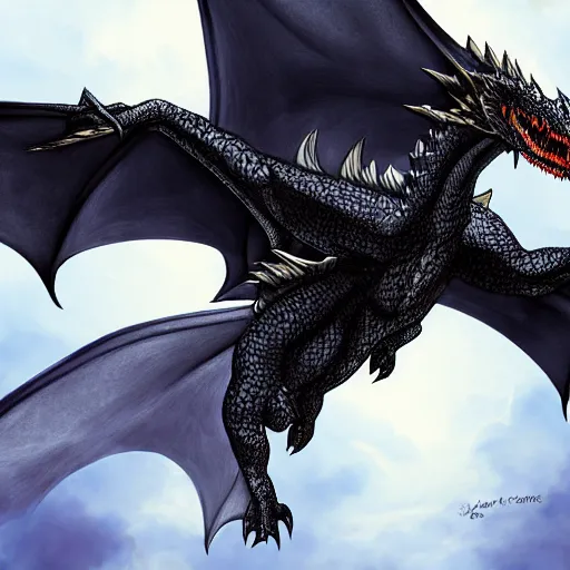 Prompt: 1 black dragon in the style of drogon in flight fantasy art