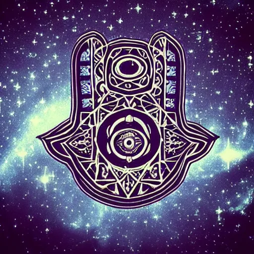 Image similar to “a spaceship in the shape of hamsa is flying among the stars”