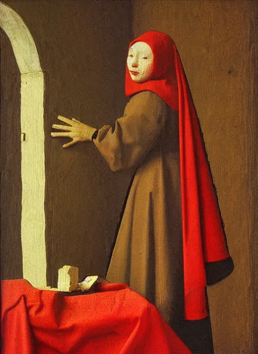 Image similar to red cloth, medieval painting by jan van eyck, johannes vermeer