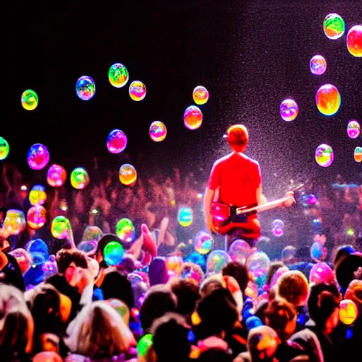Prompt: concert photography where fans are all in plastic bubbles hyper realistic colorful light