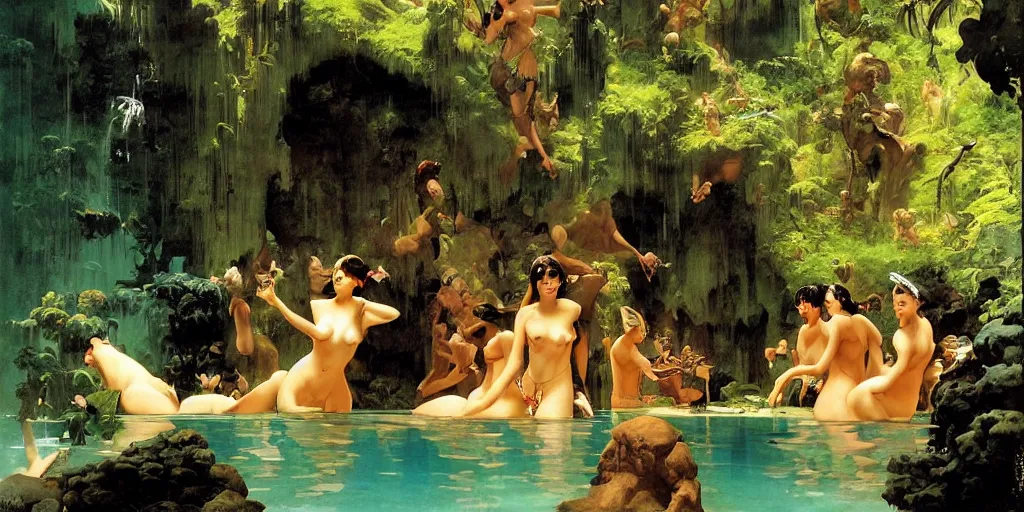 Prompt: a tropical cave that renovate as a luxury interior as a harem of beautiful women bathe in the waters by syd mead, frank frazetta, ken kelly, simon bisley, richard corben, william - adolphe bouguereau