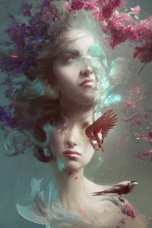 Image similar to beautiful girl necromancer exploding into flowers, angels, 3 d render, hyper - realistic detailed portrait, holding electricity and birds, ruan jia, wlop. scifi, fantasy, hyper detailed, octane render, concept art, peter mohrbacher