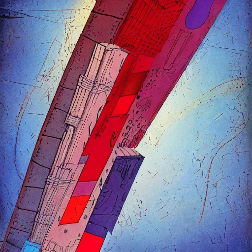 Prompt: the brittle. digital painting, vertical, intricate, beautiful, detailed, grunge, illustration, abstract art by milo manara and el lissitzky and malevich and kandinsky, trending on artstation. blue, dark red and dark purple color scheme, gradient darker to bottom