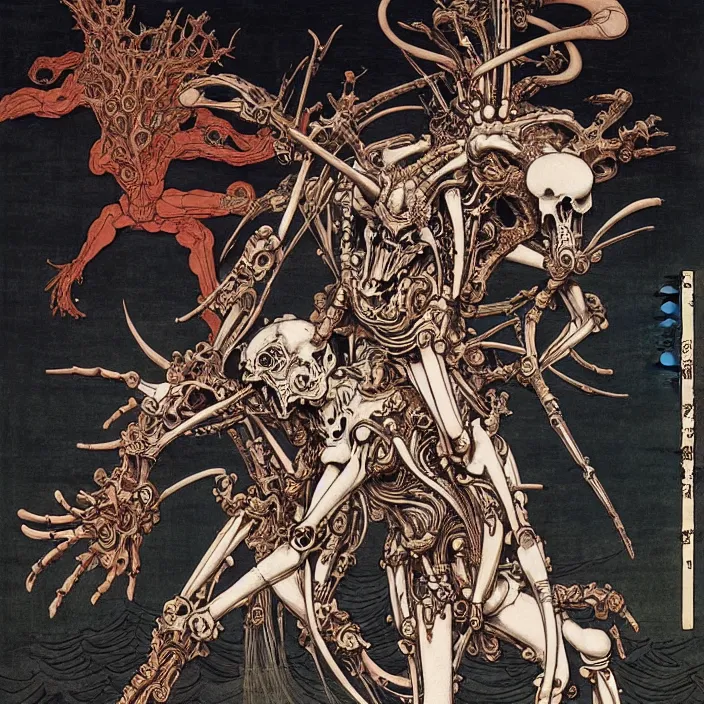 Image similar to still frame from Prometheus by Utagawa Kuniyoshi, Ossiarch Bonereaper ornate bone cyborg god powered by magic and souls exploding along by Wayne Barlowe by peter Mohrbacher by Giger, dressed by Alexander McQueen and by Neri Oxman, metal couture hate couture editorial