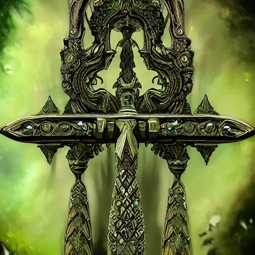 Prompt: symmetric, green fantasy sword, intricate, elegant, highly detailed, digital painting, 4k, HDR, concept art, detailed jewelry, smooth, sharp focus, illustration, matte finish, high contrast, 3d depth, masterpiece, vivid colors, artstationhd