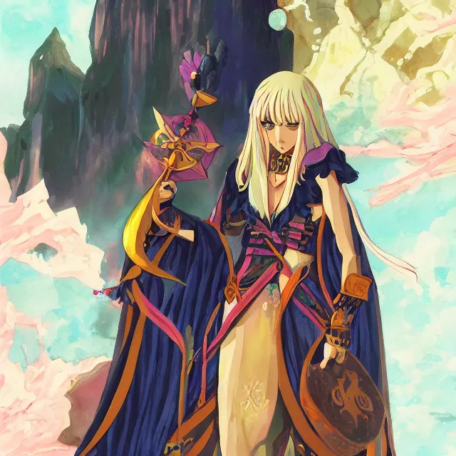 Prompt: the lone priestess of the evermoon valley. this gouache painting by the award - winning mangaka has interesting color contrasts and impeccable lighting.