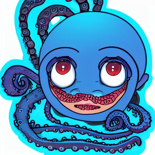 Image similar to character design of an adorable baby faced alien portrait with tentacles on the sides of it's mouth, blue, tiny horns