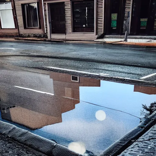 Prompt: realistic photo of puddle on sidewalk, buildings in reflection