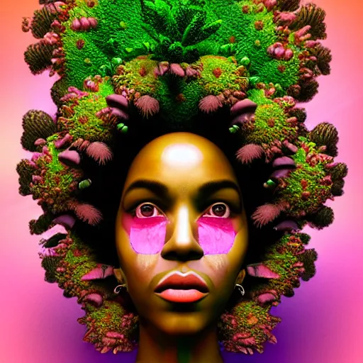 Image similar to a female african marijuanna! shaman with an afro made of flowers, third eye art art by machina infinitum, complexity from simplicity, rendered in octane, mandelbulb 3 d, ambient occlusion, macro photography, felt!!! texture, tribal, pastel! retrowave