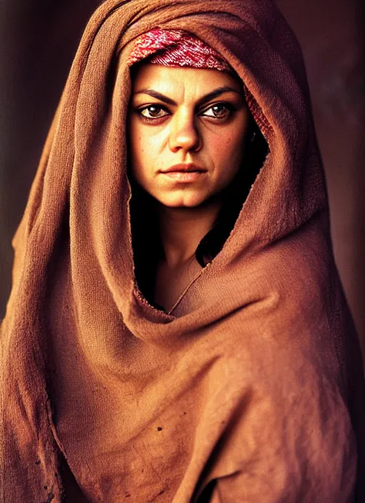 Prompt: portrait of mila kunis as afghan girl, photograph by steve mccurry