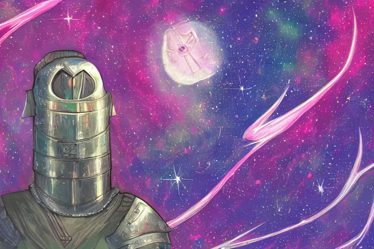 Image similar to digital art of a spiritual medieval knight looking up at the stars, acrylic art, universe, painting, pastel colors, synthwave, retro, cyberpunk,