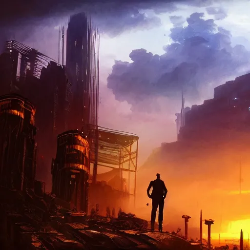 Image similar to wanderer with night vision goggles, dramatic light, sunset, sunrays, flying cars, cyberpunk city in the background, ruins, buildings, dystoptian, gorgeous view, depth, painted by Caspar David Friedrich, gateway, clouds, tending on artstation