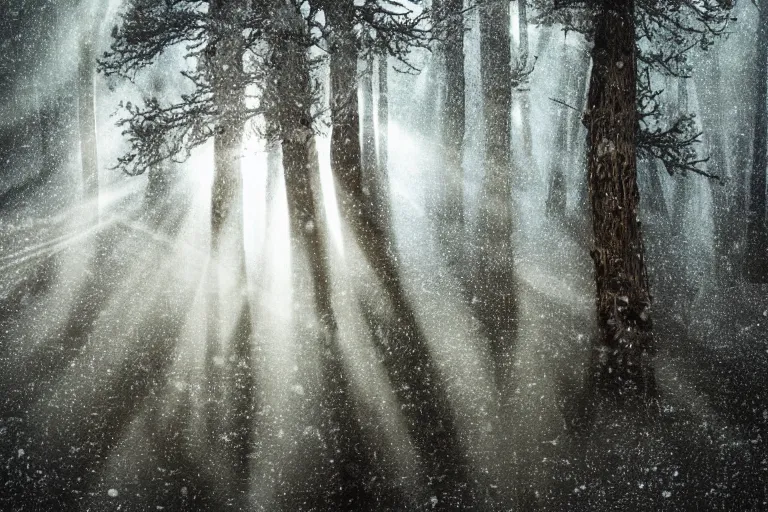 Prompt: portrait of juniper trees in a forest during a blizzard. shadow and light. rays of light. energetic, dynamic, lively, detailed, intricate, complex. fine art by hayao miyazaki, akira toriyama, makoto shinkai, and ohara koson. studio lighting. tilt and shift lens. bokeh.