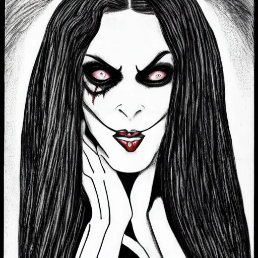 Prompt: a scary drawing of megan fox as morticia addams as death of the endless by junji ito, horror, madness