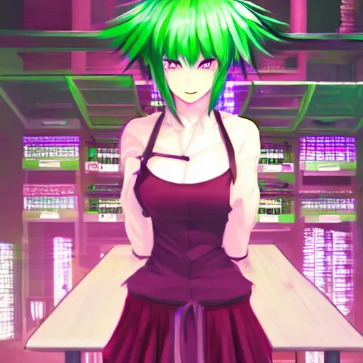 Prompt: A woman with short green hair surrounded by server racks in a dimly lit room. Touhou Project, Sci-Fi, Vaporwave, ArtStation, Digital Art, 4k.