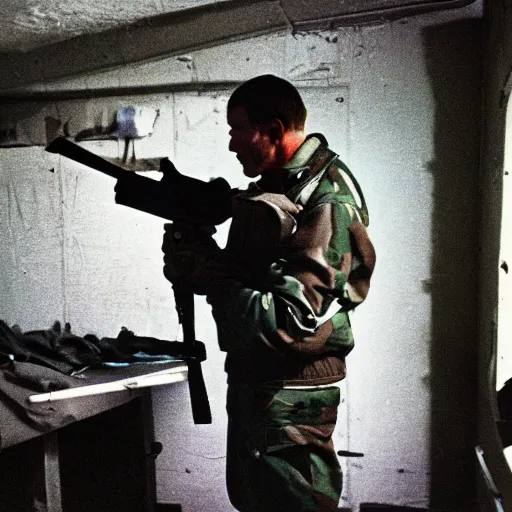 Image similar to a high quality color dutch angle wide shot film 3 5 mm depth of field photograph of a man wearing army fatigues, holding an ak - 4 7 nervously pointing it in front of him getting ready to shoot, in a secret military bunker in antarctica in 1 9 8 2