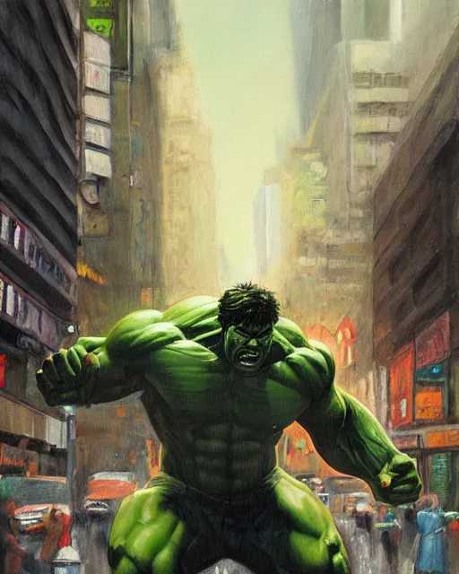 Image similar to a moody oil painting of the incredible hulk looking angry at noon in a city by simone bianchi