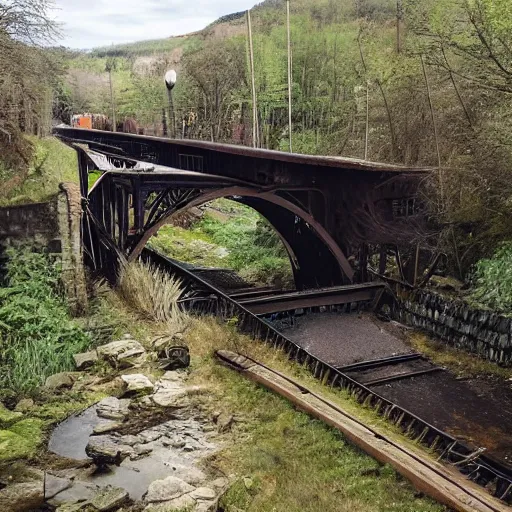 Image similar to 19th century locomotive crossing a wooden bridge, the bridge collapses behind it