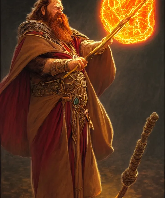 Image similar to gimli as a fantasy dwarf wizard, casting a fireball spell, with a staff and billowing cloak, portrait, fantasy, intricate, elegant, highly detailed, digital painting, artstation, concept art, smooth, sharp focus, illustration, art by larry elmore and greg rutkowski and alphonse mucha