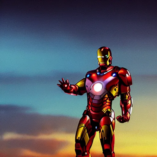 Image similar to a still of Bob Ross as Ironman. Magic Hour. Professional photography, 4K. Mood