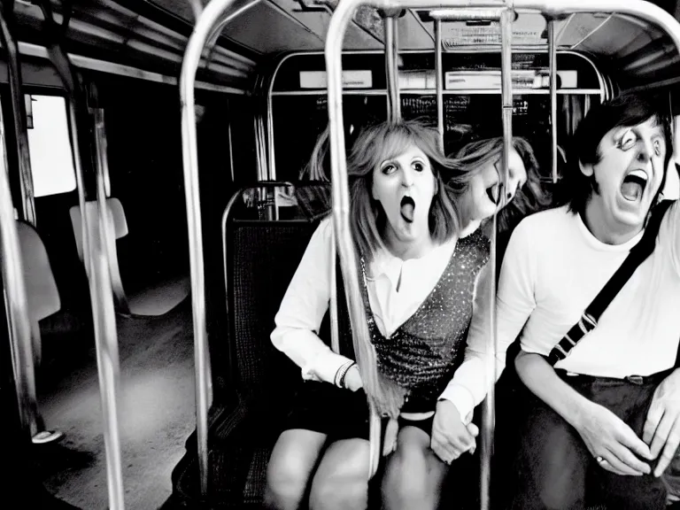 Image similar to a photo of Paul McCartney and Cleopatra manic laughter on a bus on meth by Annie Leibovitz