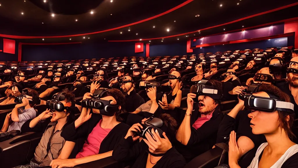 Prompt: people in a busy dark movie theatre, all of themare wearing vr headsets with art direction by salvador dali, wide lens