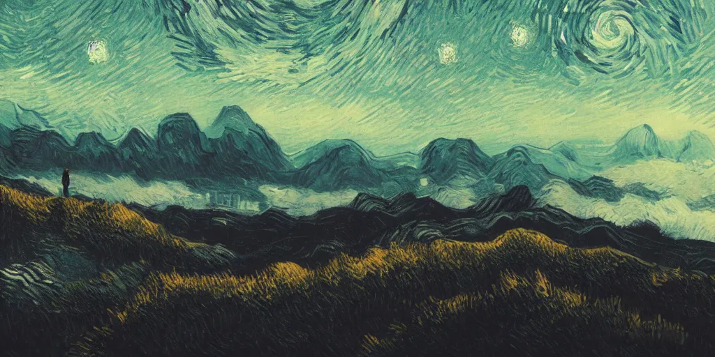 Image similar to landscape, layers, mountain ranges, dark sky, night, Van Gogh, atmospheric, cinematic, photographic, artstation, digital art, small man center standing on mountain, valley mist, fog, hazy, glow