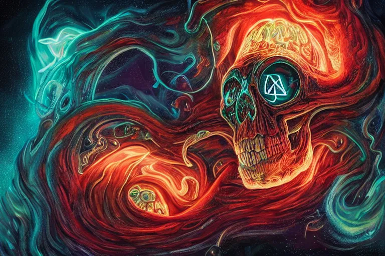 Image similar to a giant skull with intricate rune carvings and glowing eyes with lovecraftian tentacles emerging from a space nebula by dan mumford, smoke trails, digital art, photorealistic, vivid colors, highly detailed, intricate