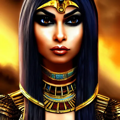 Prompt: portait egyptian princess haifa wehbe as cleopatra, centred, very long hair, hd, unreal engine, art digital painting, final fantasy style, amazing background theme