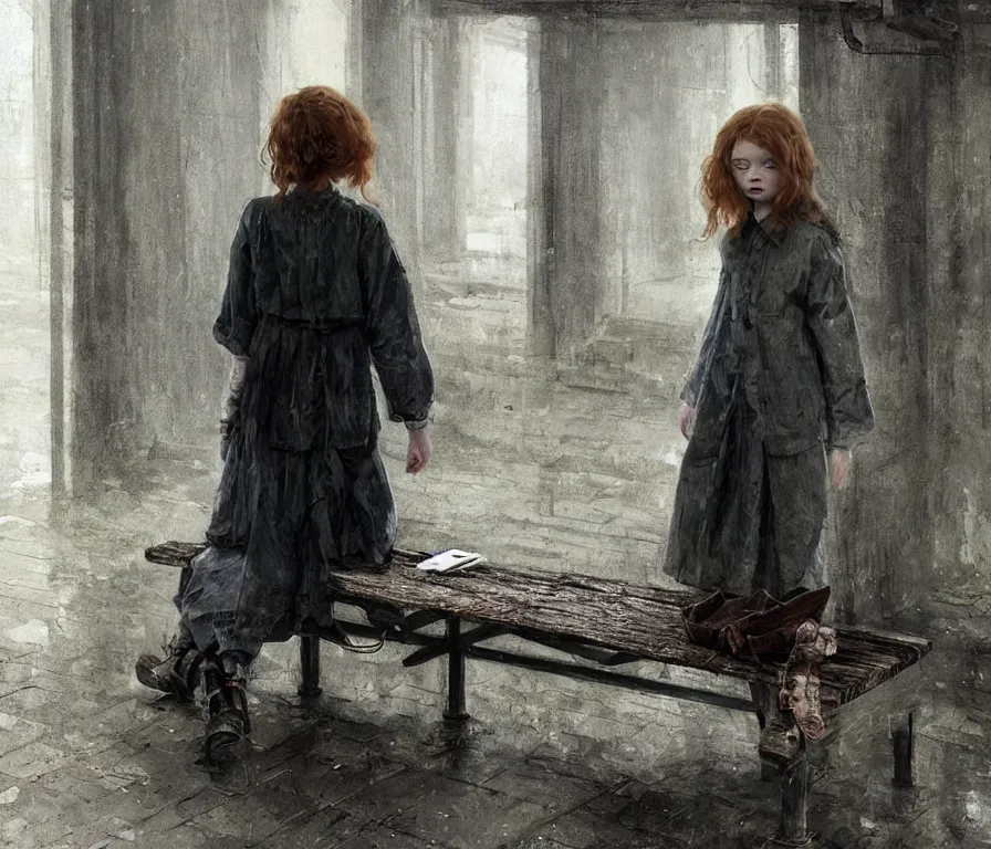 Image similar to sadie sink in oversized school uniform. waits on a bench | a bench along a wall. next to a door. in an office building. concept art for scifi dystopian film. by nikolay makovsky, bob byerley, wadim kashin, andrea kowch. cinematic moody atmosphere, detailed and intricate, perfect anatomy