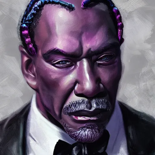 Prompt: a portrait of a muscular older black man with cornrows and a purple suit with a monocle on, D&D, sci-fi, elegant, hopeful, muscular, highly detailed, digital painting, artstation, concept art, smooth, sharp focus, illustration