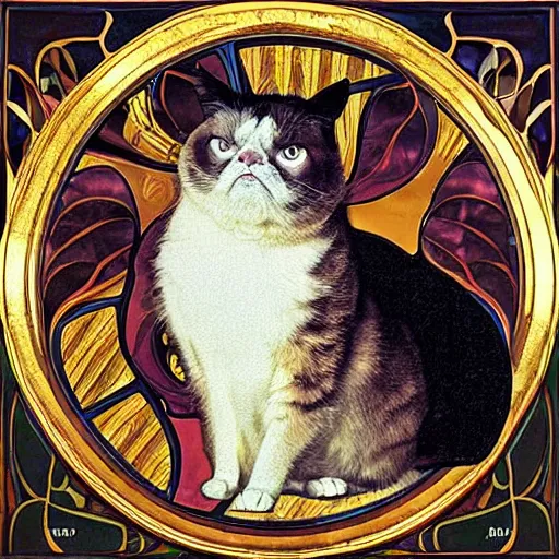 Image similar to “ george costanza from seinfled holding grumpy cat, art nouveau, gold - leaf, by alphonse mucha ”