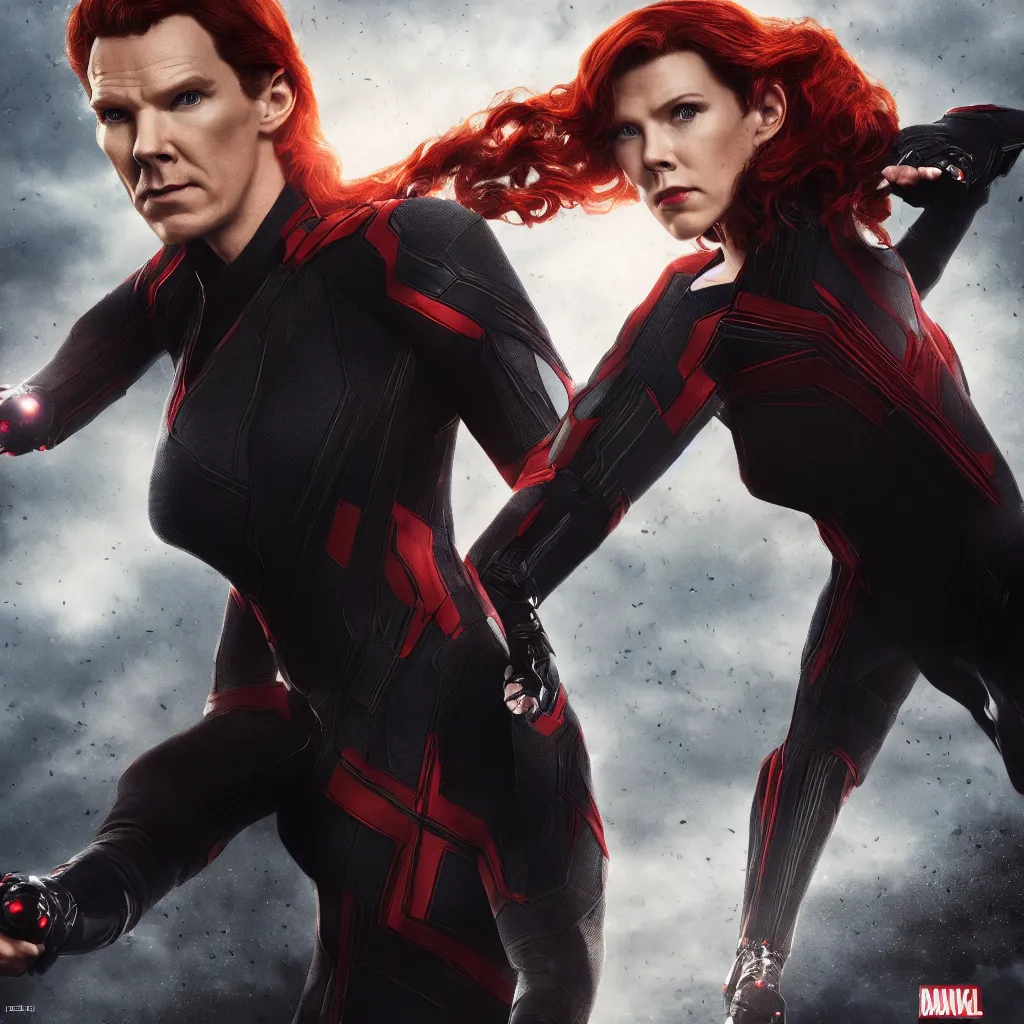 Prompt: benedict cumberbatch as black widow from marvel, photography, photorealistic, cinematic, 4 k, movie poster