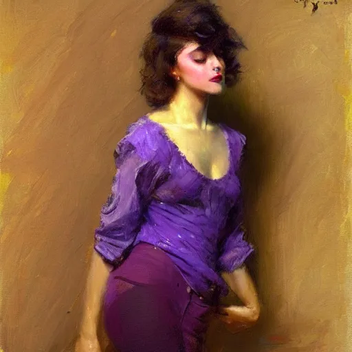 Prompt: a woman in a purple shirt with a petite body type, painting by Gaston Bussiere, Craig Mullins