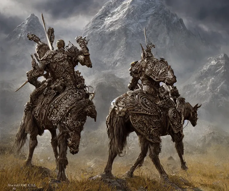 Image similar to trailcam footage grotesque horrific stylistic vray 3 d render of silver ornate armor slim bodybuilder handsome warriors, mountains and giant gothic abbeys, hyperrealism, fine detail, 8 k, artsation contest winner, cgsociety, fantasy art, cryengine, brush strokes, oil canvas by mandy jurgens and michael whelan