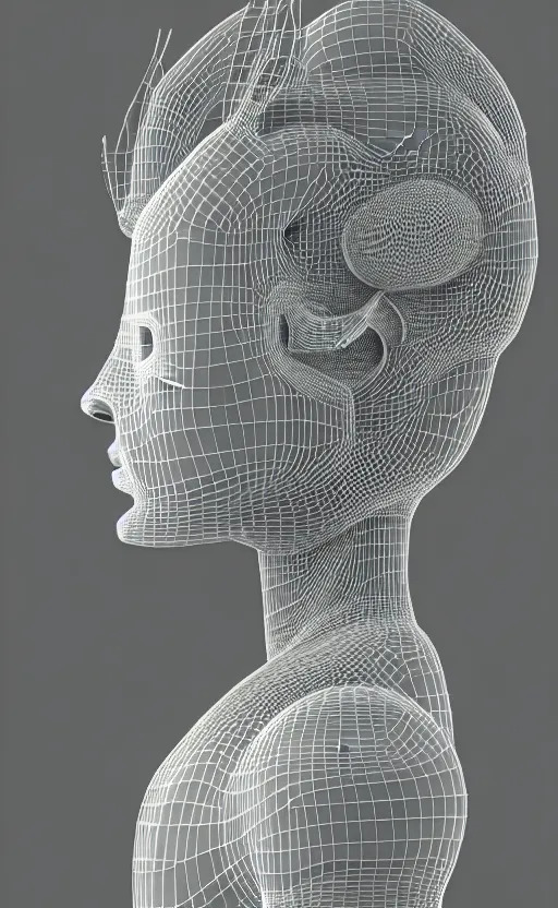 Image similar to complex 3d render of a beautiful porcelain profile woman face, vegetal dragon cyborg, 150 mm, beautiful natural soft light, rim light, silver details, magnolia leaves and stems, roots, fine lace, maze like, mandelbot fractal, anatomical, facial muscles, cable wires, microchip, elegant, highly detailed, white metallic armour, octane render, black and white, H.R. Giger style