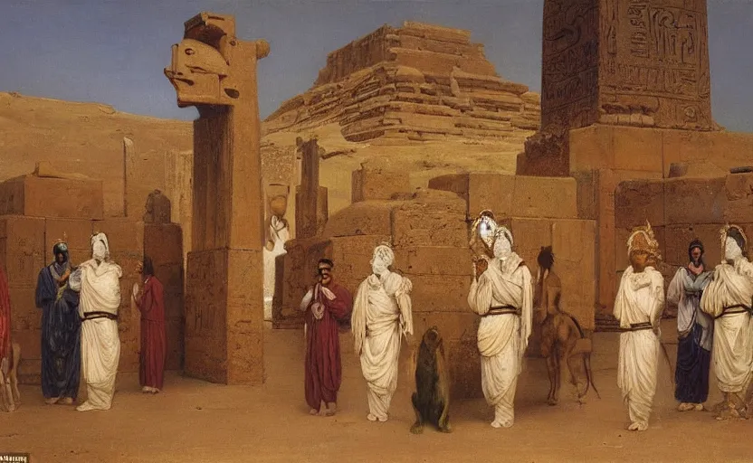 Prompt: a beautiful oil - painting by alma tadema of egyptian gods with animal heads, having a ceremony in a moonlit temple in karnak