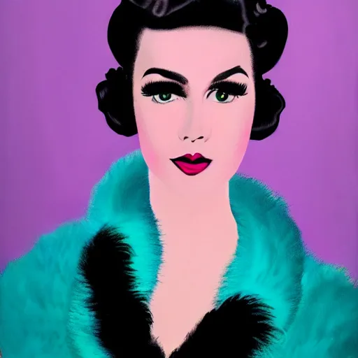 Image similar to portrait of woman wearing an elegant black vintage 50s swing dress and a white fur boa and matte bold makeup, she has a 50s poofy hairstyle and bright eyes, determined expression, illuminated by cyan and purple neon lights, hard light, painting